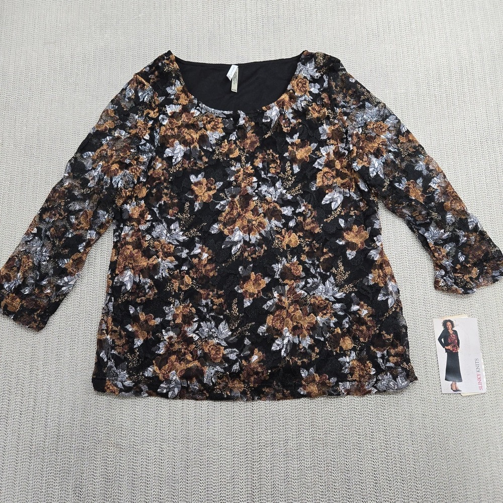 White Stag Shirt Womens XL Black Gold Floral Lace Tee Stretch Slinky Knits Top